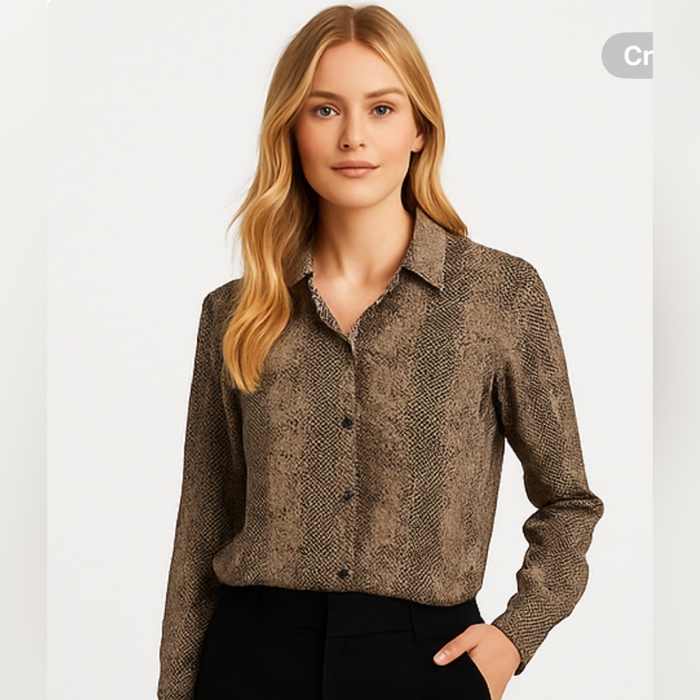 vintage Allison Taylor 100% silk Brown Button Down Shirt animal print blouse